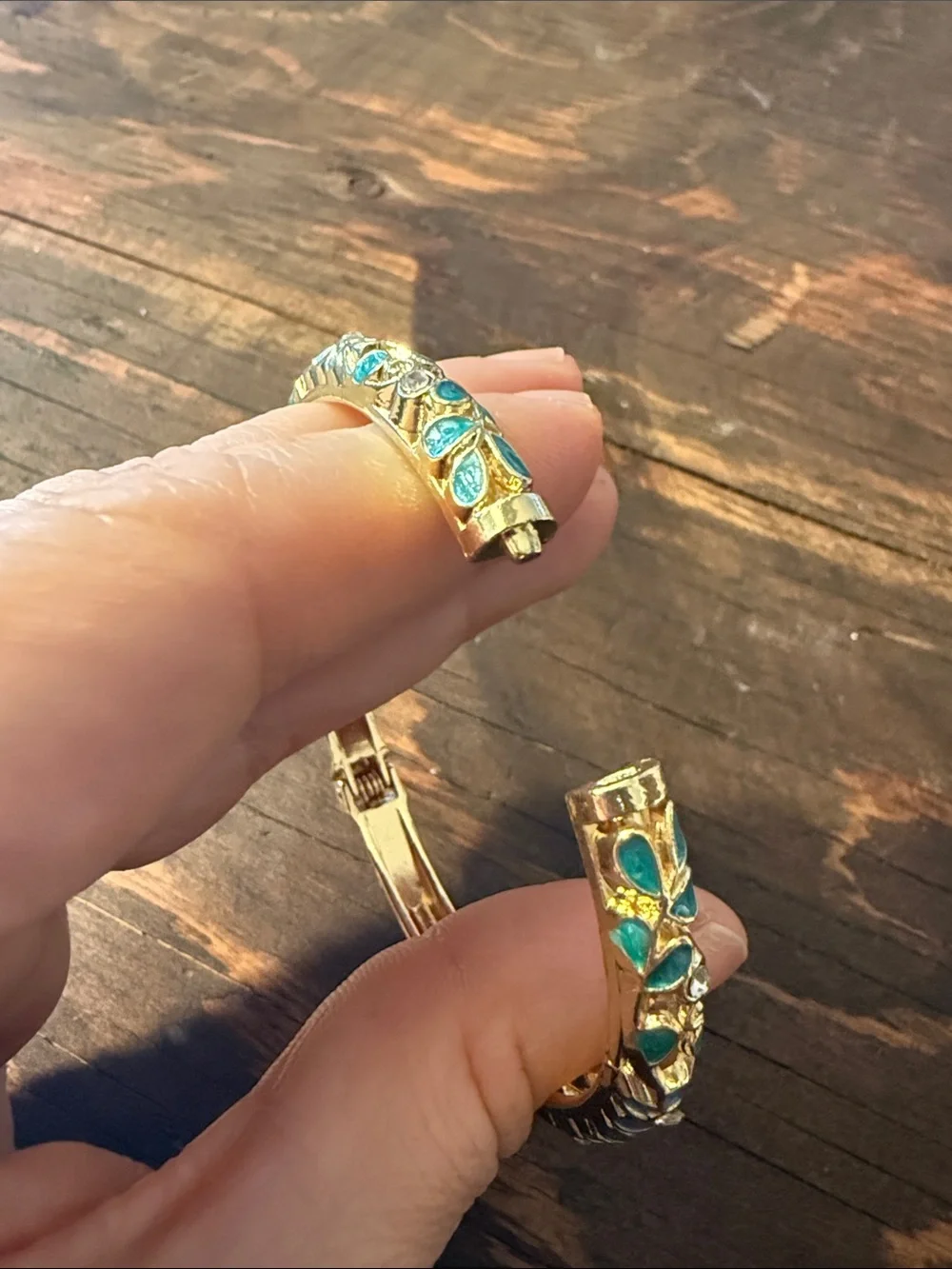 Gold Plated Blue Floral Enamel Bangle Bracelet Rhinestones